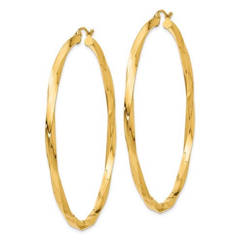 14k yellow gold twisted modern classic round hoop earrings 60mm x 3mm