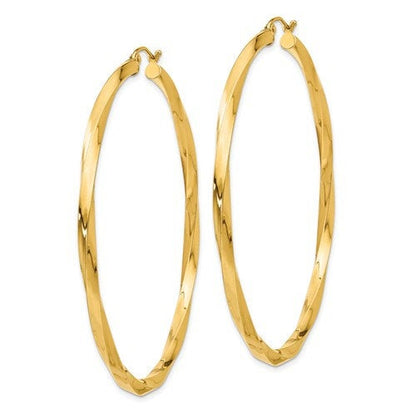 14k yellow gold twisted modern classic round hoop earrings 60mm x 3mm