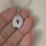 Load and play video in Gallery viewer, Sterling Silver Genuine Amethyst Oval Locket Necklace February  Birthstone Personalized Engraved Monogram
