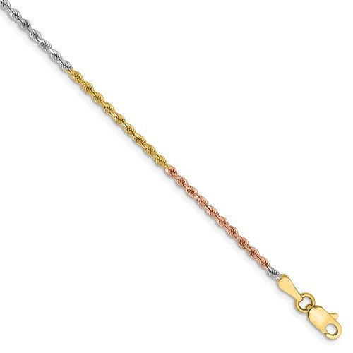 14k yellow white rose gold tri color 1.75mm diamond cut rope bracelet anklet choker necklace chain