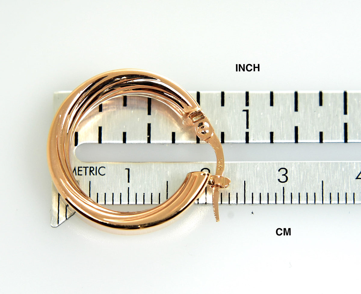14k rose gold round square tube textured inside diamond cut hoop earrings 21mm x 5.5mm
