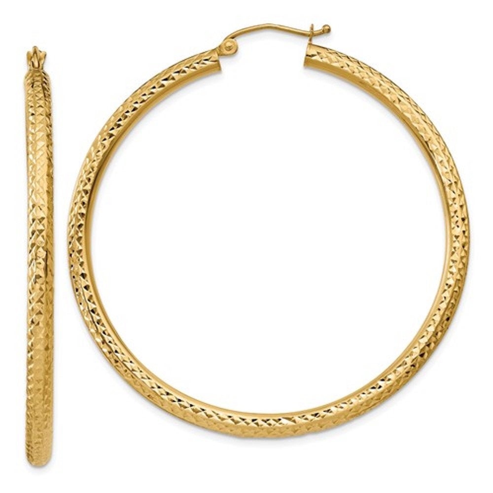 14k yellow gold diamond cut large classic round hoop earrings 50mm x 3mm