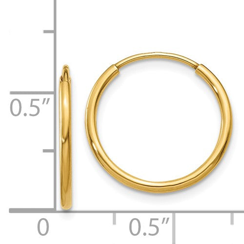14k yellow gold round endless hoop earrings 15mm x 1.25mm