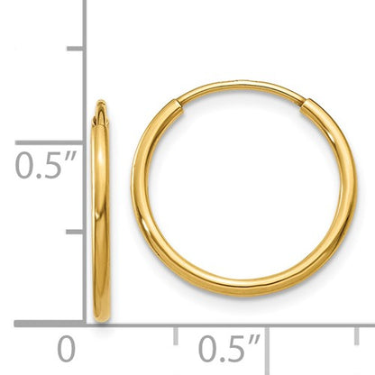 14k yellow gold round endless hoop earrings 15mm x 1.25mm