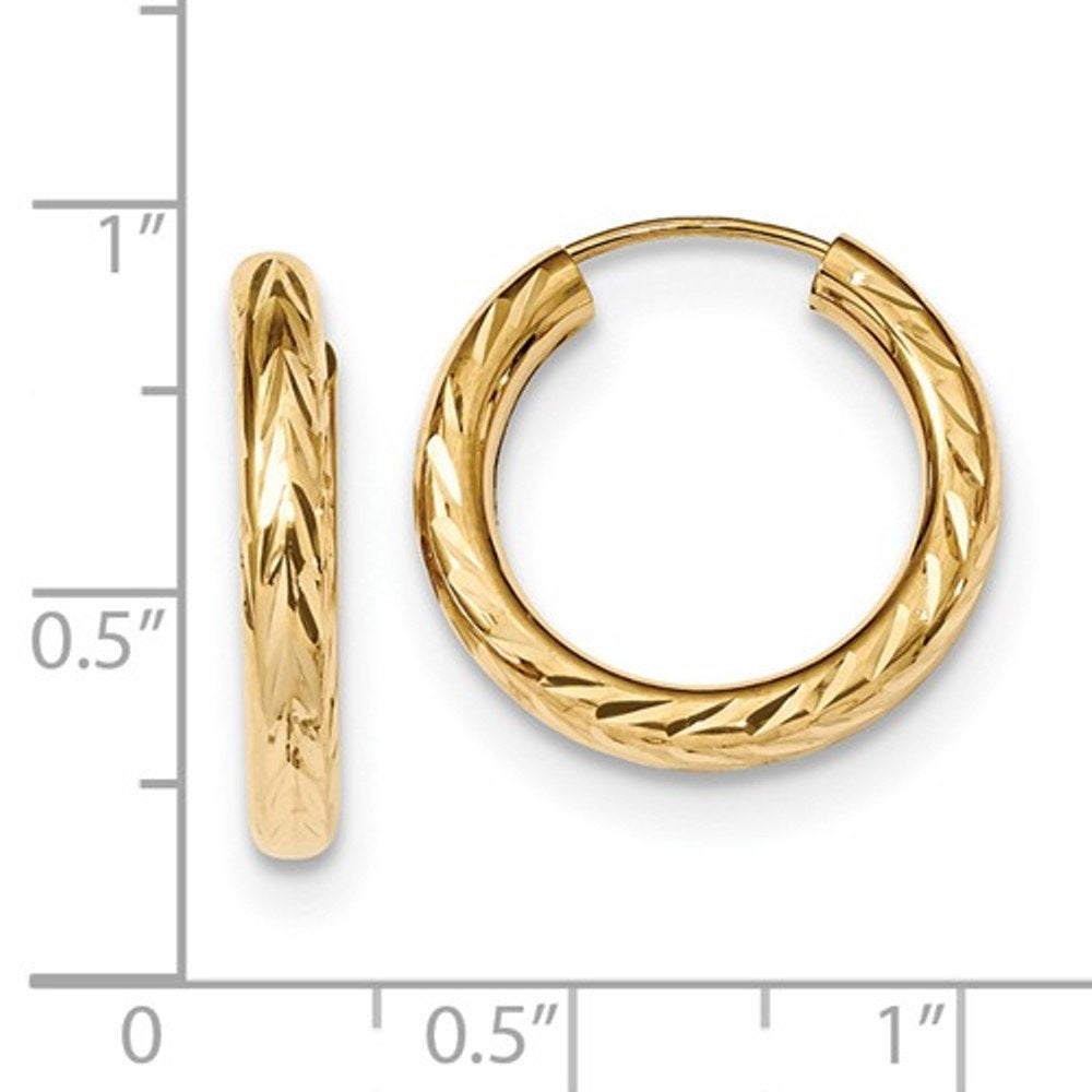 14k yellow gold diamond cut classic endless hoop earrings 18mm x 3mm