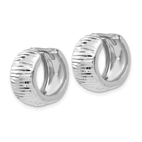 14k white gold textured huggie hinged hoop earrings 15mm x 15mm x 7mm