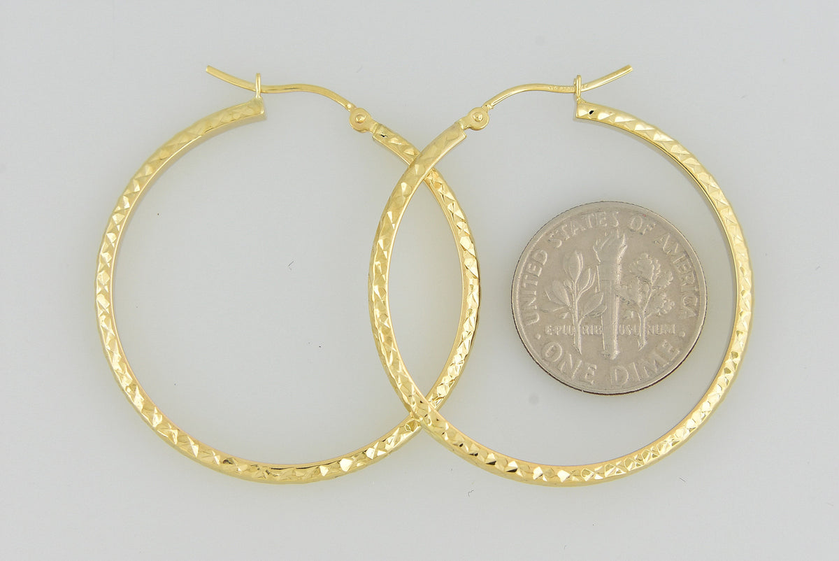 14k yellow gold diamond cut round hoop earrings 37mm x 2.5mm