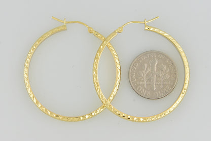14k yellow gold diamond cut round hoop earrings 37mm x 2.5mm
