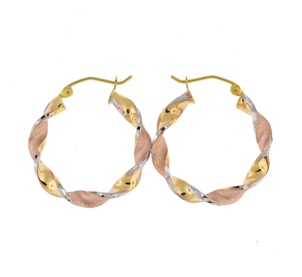 14k gold tri color twisted round hoop earrings