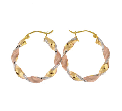 14k gold tri color twisted round hoop earrings