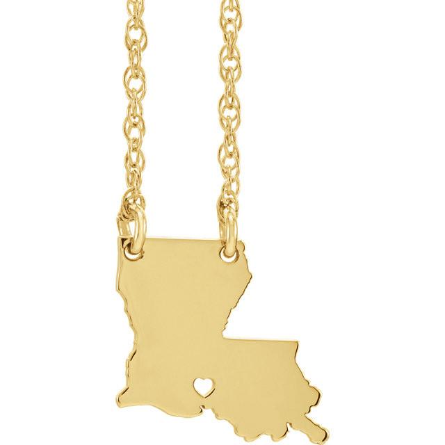 14k Gold 10k Gold Silver Louisiana State Map Necklace Heart Personalized City