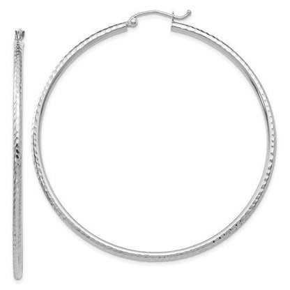 14k white gold diamond cut round hoop earrings 55mm x 2mm