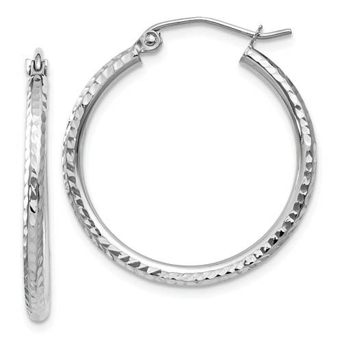 14k white gold diamond cut round hoop earrings 24mm x 2mm