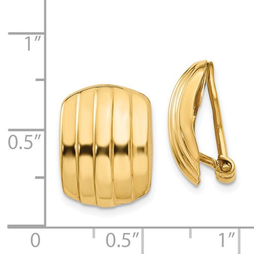 14k Yellow Gold Non Pierced Clip On Huggie J Hoop Ribbed Earrings