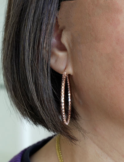 14k rose gold diamond cut round hoop earrings 43mm x 3mm