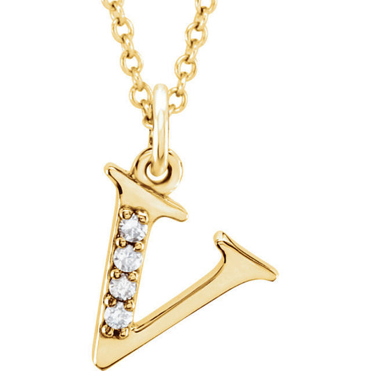 14k yellow rose white gold .025 ctw diamond tiny petite lowercase letter v initial alphabet pendant charm necklace