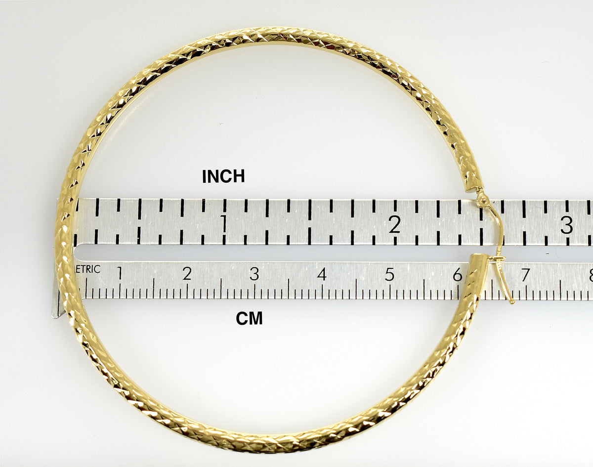 14k yellow gold 2.56 inch diameter large diamond cut round classic hoop earrings 65mm x 3mm
