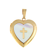 Load image into Gallery viewer, 14K Yellow Gold Cross Mother of Pearl 19mm Heart Locket Pendant Charm
