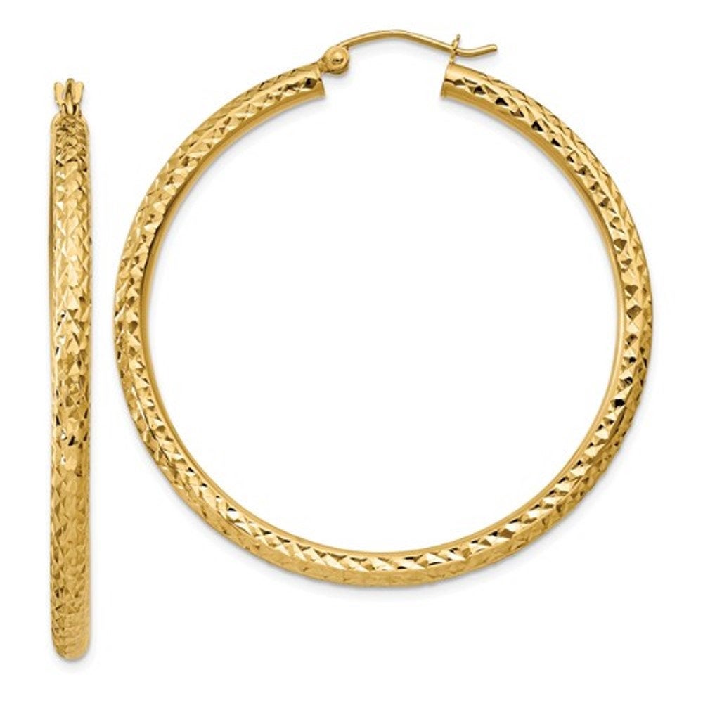 14k yellow gold diamond cut classic round hoop earrings 45mm x 3mm