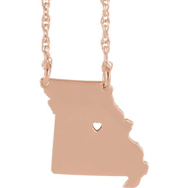 14k Gold 10k Gold Silver Missouri MO State Map Necklace Heart Personalized City