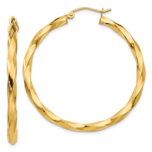 14K Yellow Gold Twisted Modern Classic Round Hoop Earrings 40mm x 3mm