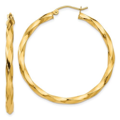 14k yellow gold twisted modern classic round hoop earrings 40mm x 3mm