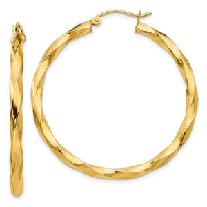 14K Yellow Gold Twisted Modern Classic Round Hoop Earrings 40mm x 3mm