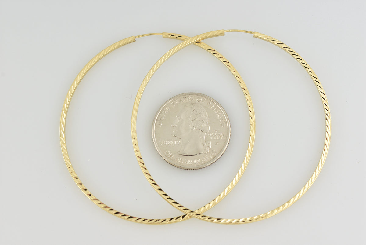 14k yellow gold diamond cut square tube round endless hoop earrings 60mm x 1.35mm