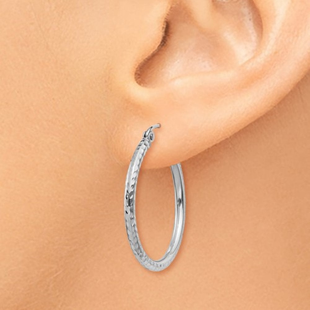 14k White Gold Diamond Cut Round Hoop Earrings 24mm x 2mm