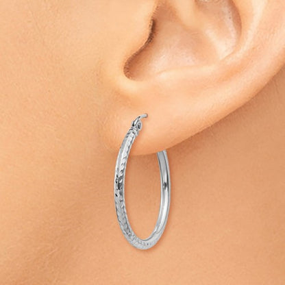 14k white gold diamond cut round hoop earrings 24mm x 2mm