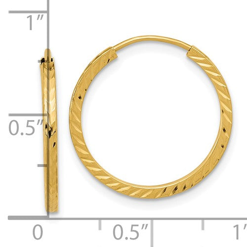 14k yellow gold diamond cut square tube round endless hoop earrings 20mm x 1.35mm