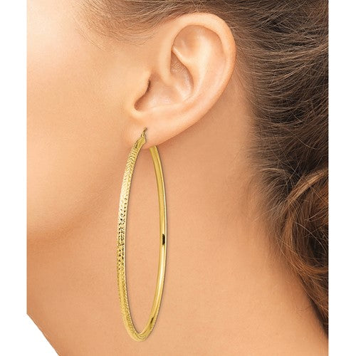 14k yellow gold 3 inch diameter extra large giant gigantic diamond cut round classic hoop earrings lightweight 78mm x 3mm