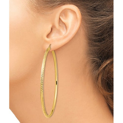 14k yellow gold 3 inch diameter extra large giant gigantic diamond cut round classic hoop earrings lightweight 78mm x 3mm