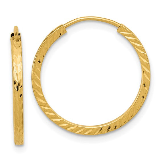 14k yellow gold diamond cut square tube round endless hoop earrings 20mm x 1.35mm