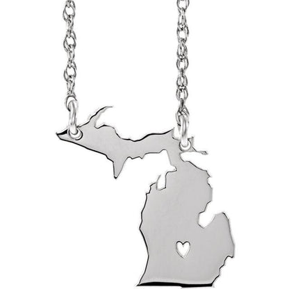 14k gold 10k gold silver michigan mi state map necklace heart personalized city
