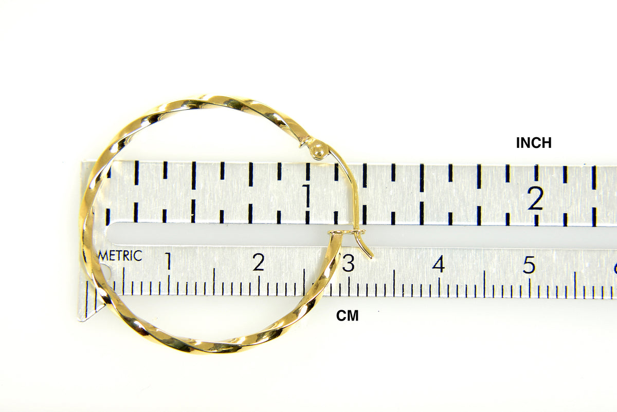 14k yellow gold twisted modern classic round hoop earrings 30mm x 2mm