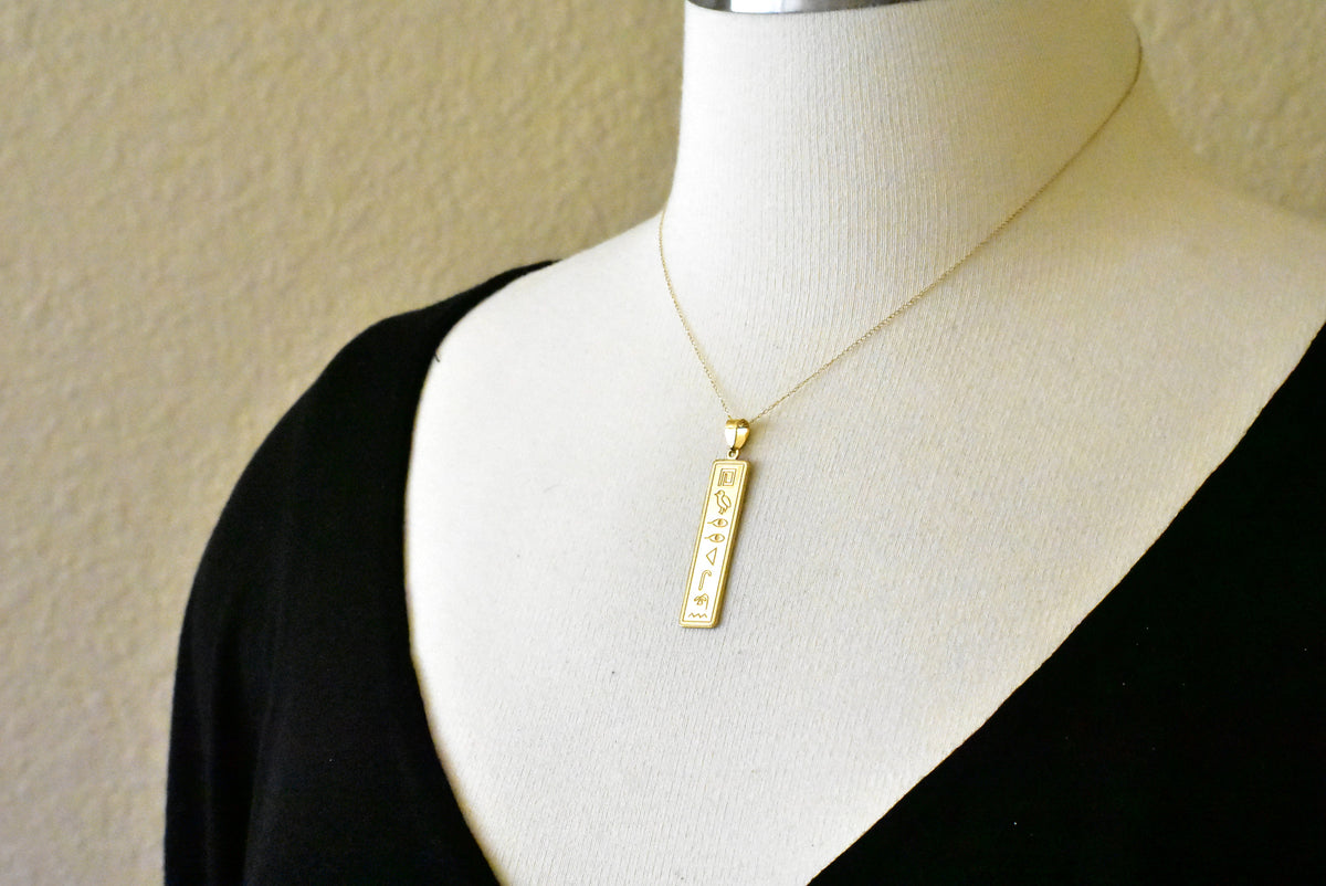 14k 10k yellow white gold sterling silver egyptian hieroglyphics alphabet rectangle pendant charm personalized engraved