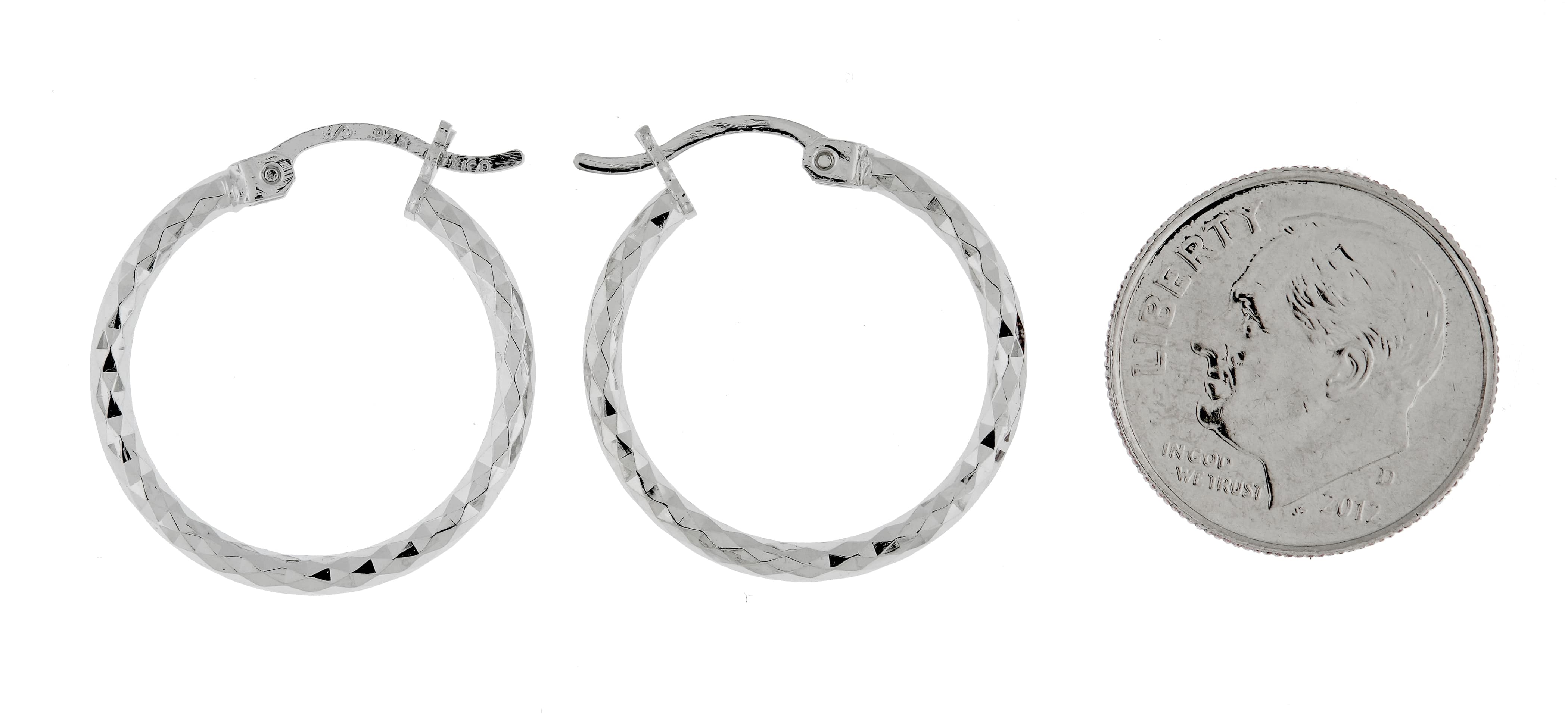 Sterling Silver Rhodium Plated Diamond Cut Classic Round Hoop Earrings 20mm x 2mm
