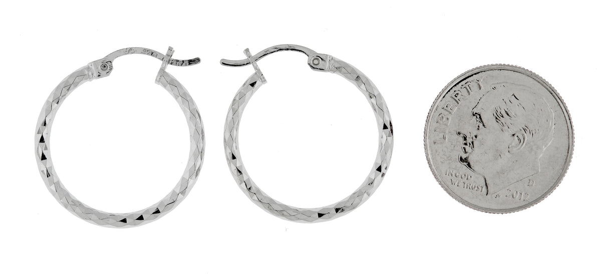 sterling silver rhodium plated diamond cut classic round hoop earrings 20mm x 2mm