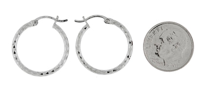 sterling silver rhodium plated diamond cut classic round hoop earrings 20mm x 2mm