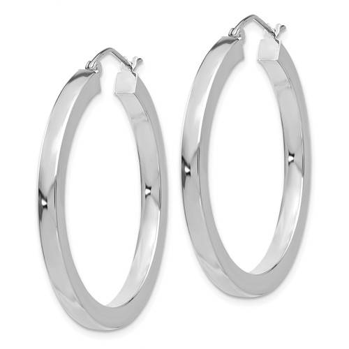 14k white gold square tube round hoop earrings 35mm x 3mm