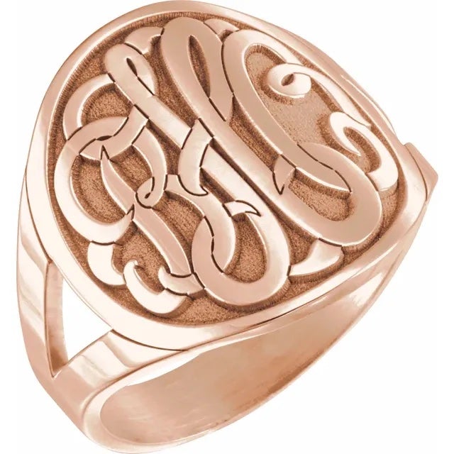 sterling silver or yellow rose gold plated sterling silver 3 letter script initial monogram personalized signet ring