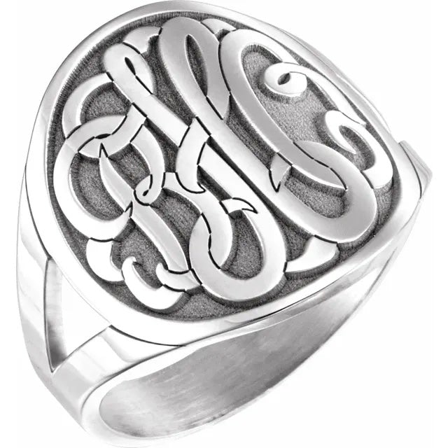 sterling silver or yellow rose gold plated sterling silver 3 letter script initial monogram personalized signet ring