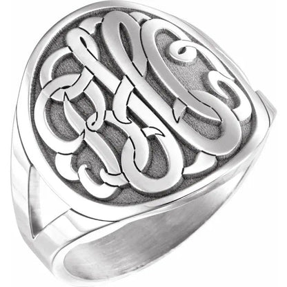 sterling silver or yellow rose gold plated sterling silver 3 letter script initial monogram personalized signet ring