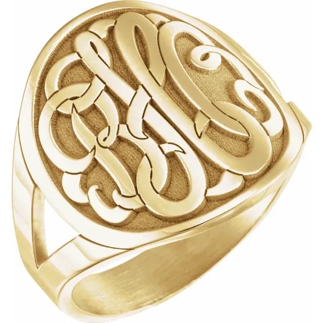 sterling silver or yellow rose gold plated sterling silver 3 letter script initial monogram personalized signet ring