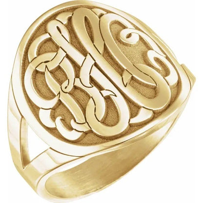 sterling silver or yellow rose gold plated sterling silver 3 letter script initial monogram personalized signet ring