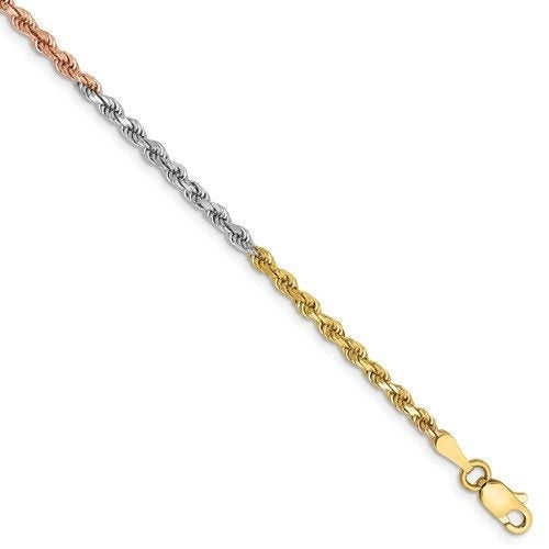14k yellow white rose gold tri color 2.5mm diamond cut rope bracelet anklet choker necklace chain