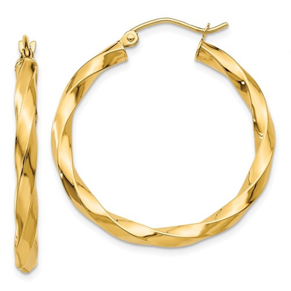 14k yellow gold twisted modern classic round hoop earrings 30mm x 3mm