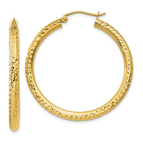 14k yellow gold diamond cut classic round hoop earrings 35mm x 3mm