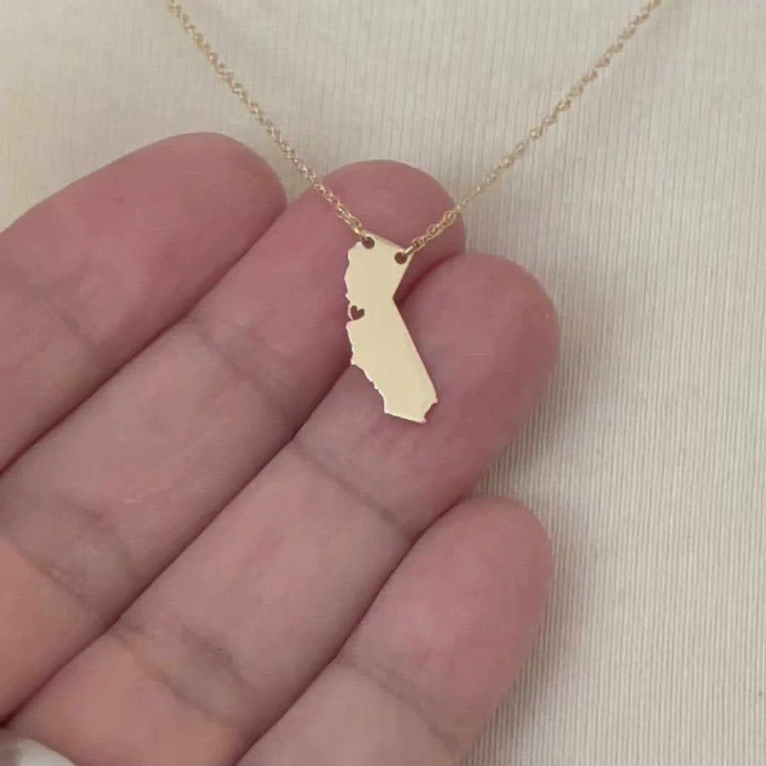 14k Gold 10k Gold Silver California State Map Necklace Heart Personalized City